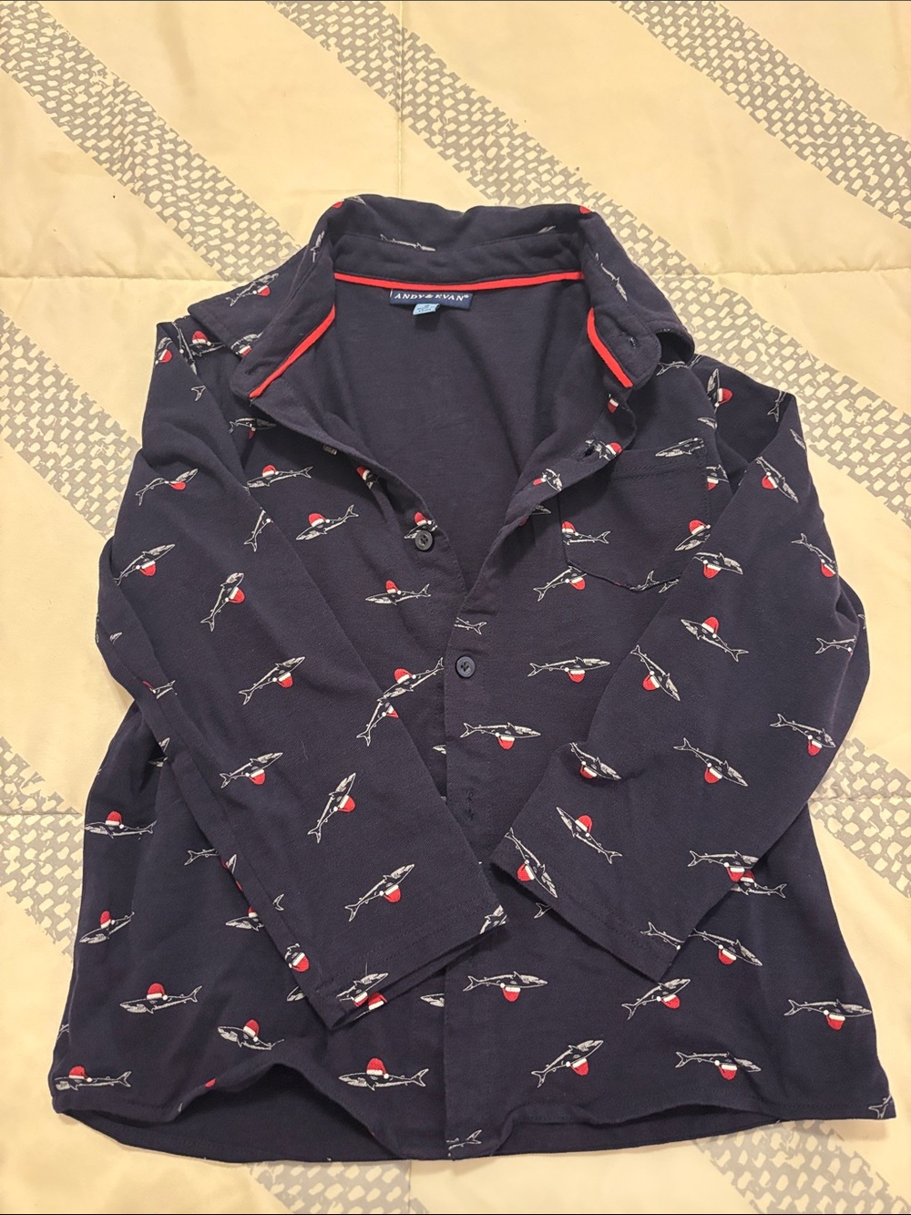 Navy Andy & Evan Boy’s Button-Up Shirt with Red Accent Fish Print